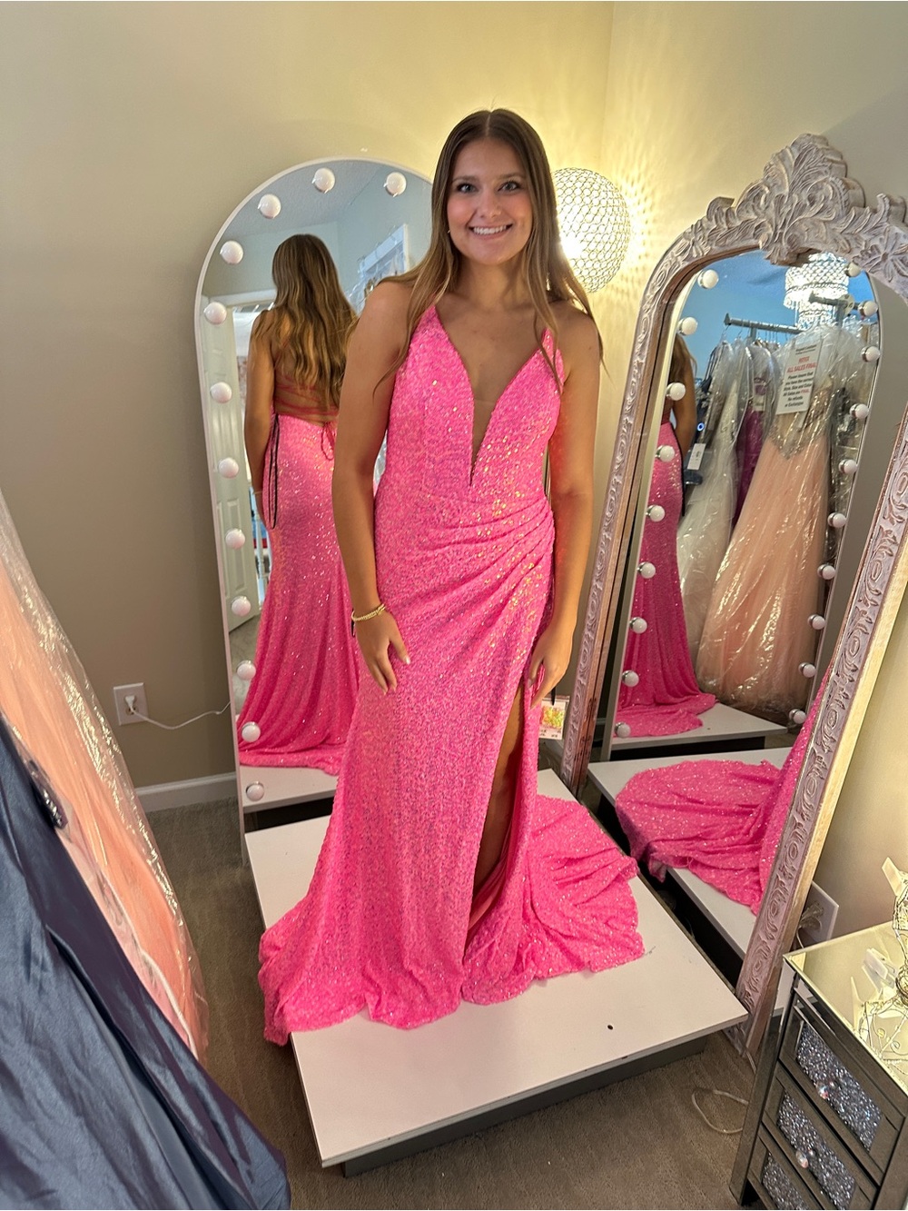 Alyce Hot Pink Sequined V-Neck Evening Gown